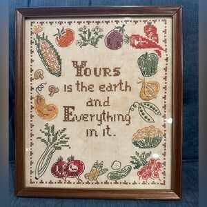Vintage Cross-stitch Wall Art in Brown Frame ‘Yours is the Earth …’
